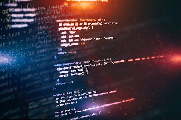 CSS, JavaScript and HTML usage. Monitor closeup of function source code. Abstract IT technology background. Software source code.