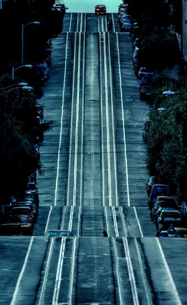 Curvy road in city at dusk