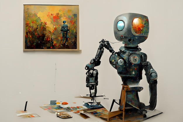 cute and friendly robot artist in the studio next to his easel painting and paints while working