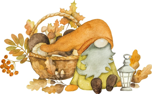 Cute autumn dwarf with mushrooms arcons and leaves harvest watercolor painting Fall season cartoon gnome with foliage aquarelle painting