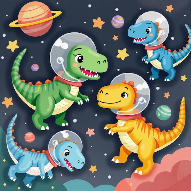 Cute Dinosaur Astronauts in Space