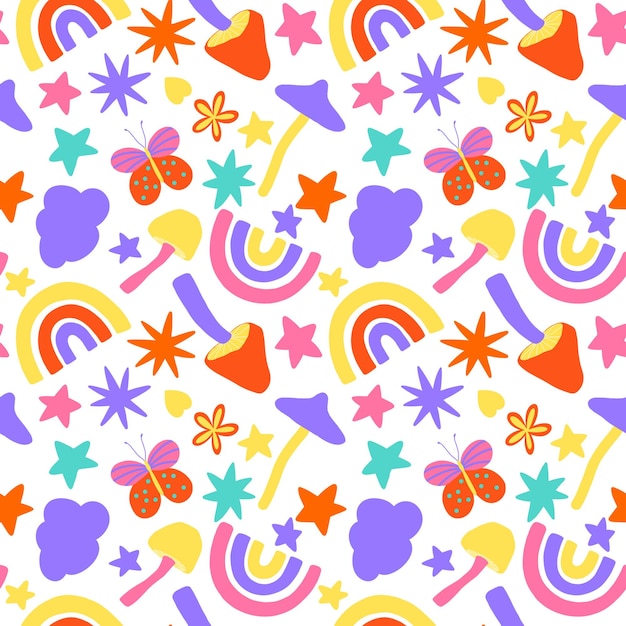 Cute doodle rainbow mushroom star scribbles seamless pattern Modern flat pop up repeat print