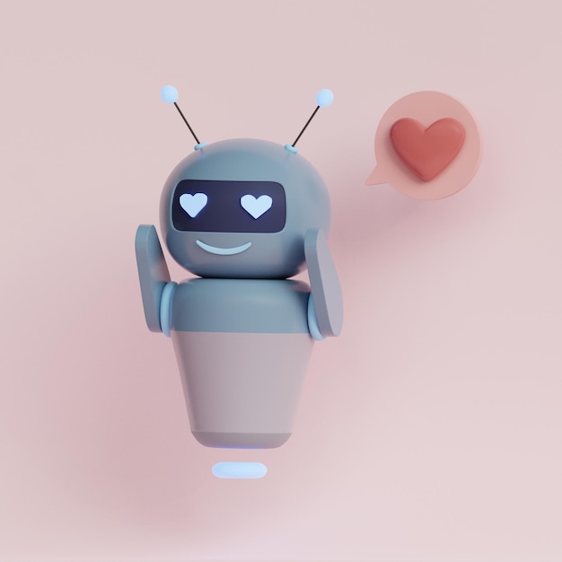 Cute happy robot with red heart 3d render illustration