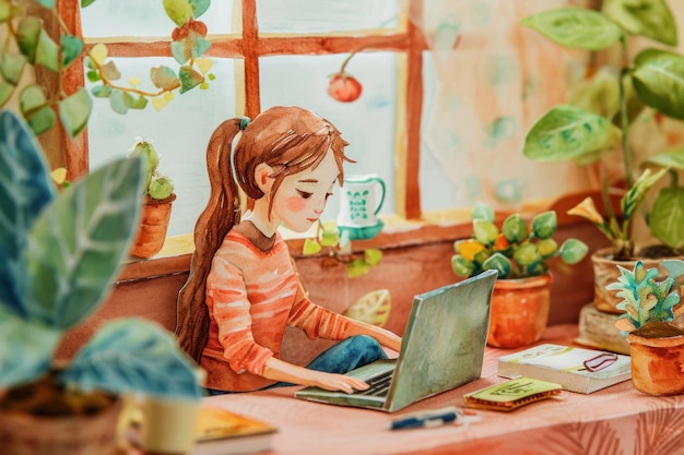 cute painting watercolor of woman working with laptop in cozy room