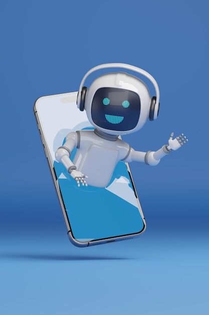 Cute robot coming out of a mobile phone screen isolated on blue background 3d illustration