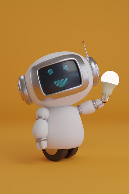 Cute robot with light bulb on orange background 3d illustration