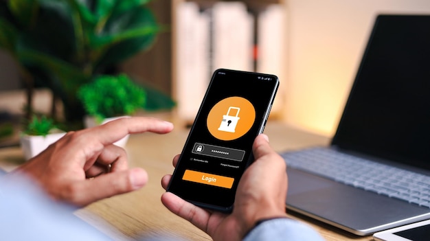 Cyber Security and Data Protection Businessman Using Smartphone to Encrypt Security