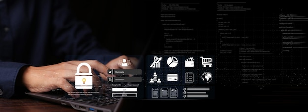 Cyber security and password login online Hands typing and entering username protection hacker