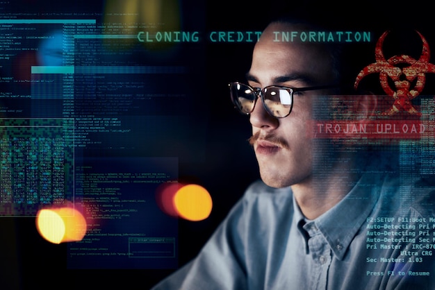 Cyber security hacker and night with man and coding for software digital transformation and phishing Cloud computing matrix and website with programmer for password technology and data hacking