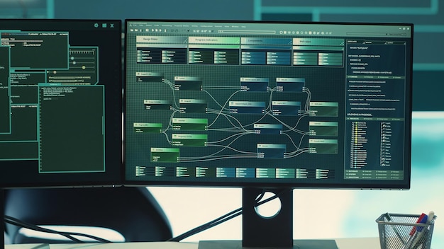 Cyber security monitoring room with high tech equipment