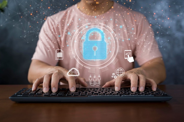 cyber security network concept hand using smartphone with master key connect world networking virtual graphic and binary coded background