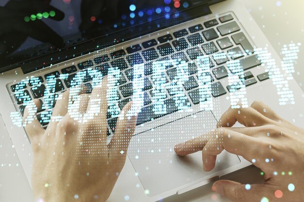 Cyber sikkerhed kreativt koncept med hænder, der skriver på computertastatur på baggrund Dobbelt eksponering
