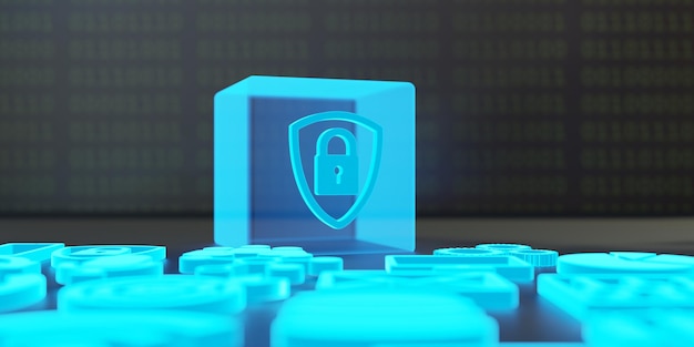 Cyber sikkerhed Transparent blå kube med hængelås symbol på tastatur lås skjold til tech 3d gengivelse