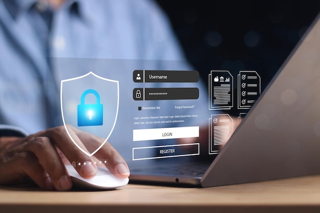Cyber sikkerhedskoncept – log ind. Brugeridentifikationsoplysninger, sikkerhed og kryptering af sikkert internet