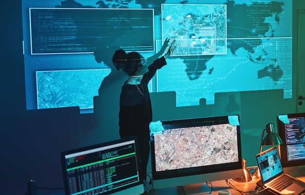 cybersecurity woman and global network presentation for phishing ransomware and cyber search maps digital database and it worker in dark room for virtual malware hacking fix of a programmer