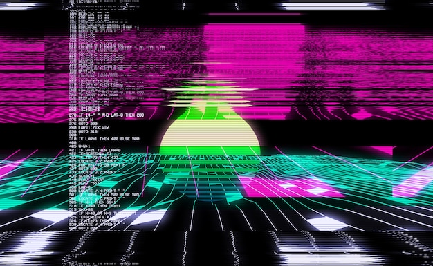 Cyberspace landskab gitter Gammelt TV-skærm fejl Foto glitch TV-signalet virker ikke Tekniske problemer grunge tapet Data dekomponering 3D illustration