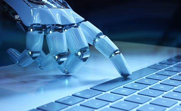 cyborg hand pressing a keyboard on a laptop 