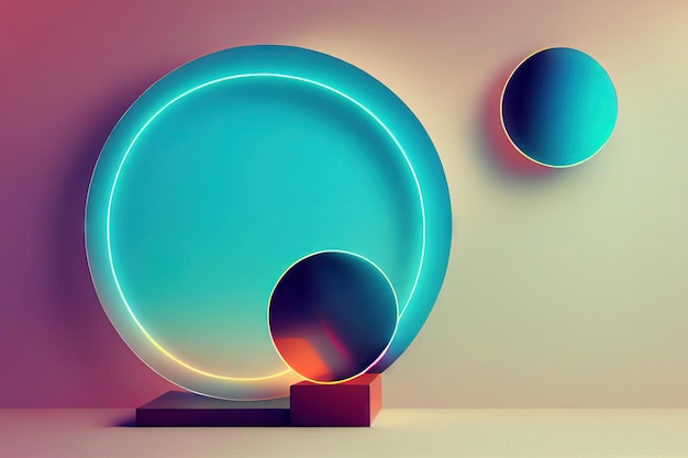 D render neon background in form of installations with volumetric circles