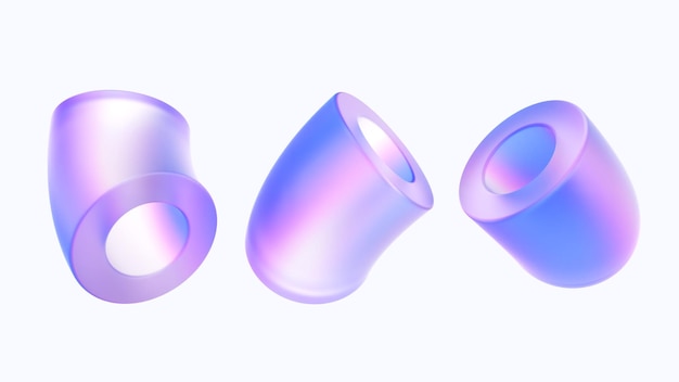 D render set of abstract geometric hologram shapes modern multicolor metal objects glossy tube icons