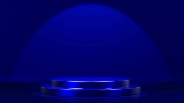 dark blue cylinder podium display forms minimal scene stage for product 3d rendering