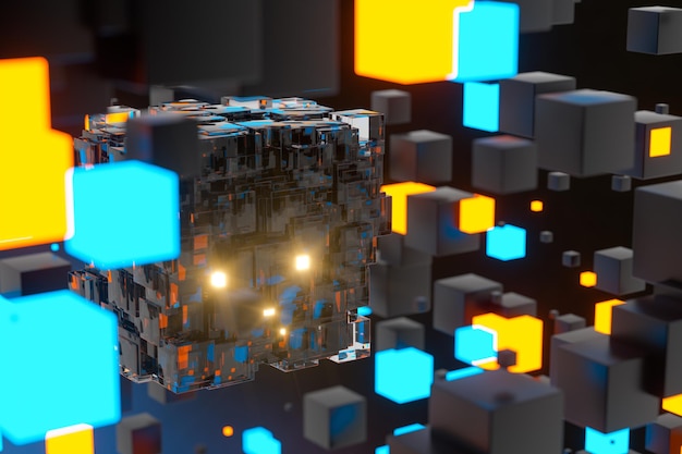 dark cubes randomly distributed in the air 3d rendering