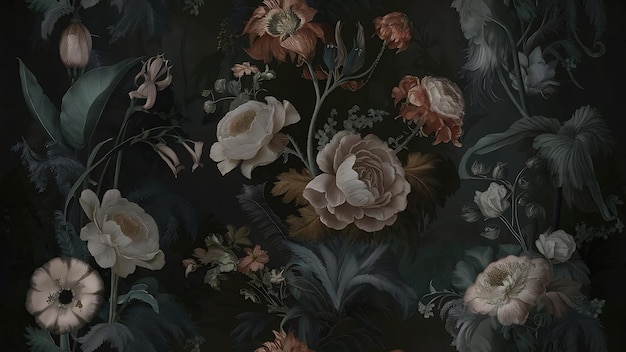 Dark floral wallpaper with vintage botanical print and moody hues featuring lush blooms vintage dark floral wallpaper botanical print moody lush blooms vintage aesthetic