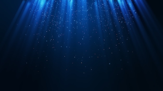 Dark light blue particle form abstract background with falling and flicker light beam ray particles. 3D Rendering.
