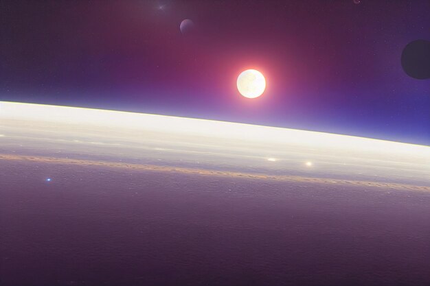 dark night space landscape with half lighted jupiter at horizon and small planets orbiting around