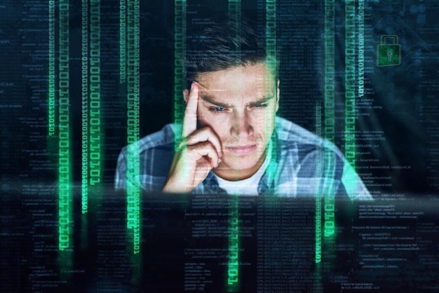 Dark office cybersecurity and man with data overlay for online metrics binary code or firewall for crypto trade Software thinking and web hacker with malware virtual hologram or network system