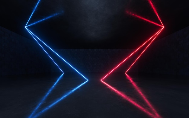 Dark room with glowing neon lines 3d rendering