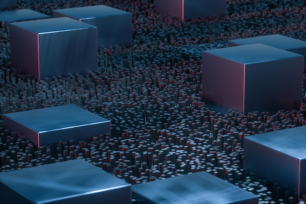 Dark technological lines background with cubes and lines 3d rendering
