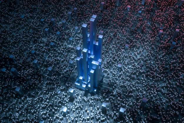 Dark technological lines background with cubes and lines 3d rendering