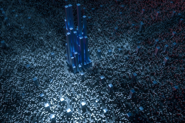 Dark technological lines background with cubes and lines 3d rendering