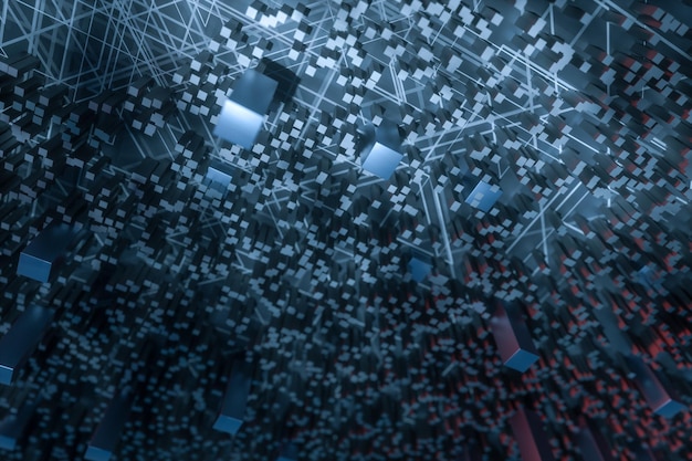 Dark technological lines background with cubes and lines 3d rendering