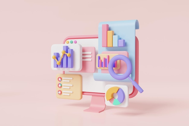 Data analysis concept Optimization statistics diagrams graph Business strategy and action plan targeting business project plan business development business goals 3d icon render illustration