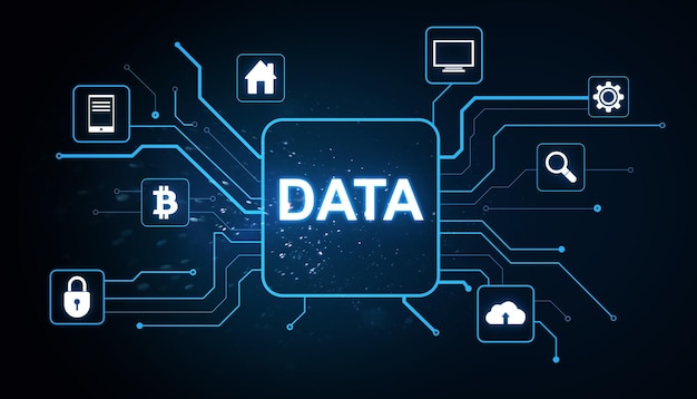 data and technology network icons on a dark background 3d rendering