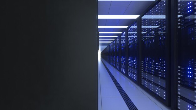 Data Center Computer Racks In Network Security Server Room Cryptocurrency Mining Farm or Hosting Storage Connected Dots Programming Code And Binary Concept 3D render dark blue