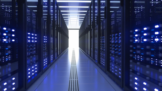 Data Center Computer Racks In Network Security Server Room Cryptocurrency Mining Farm or Hosting Storage Connected Dots Programming Code And Binary Concept 3D render dark blue