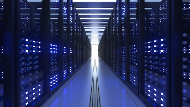 Data Center Computer Racks In Network Security Server Room Cryptocurrency Mining Farm or Hosting Storage Connected Dots Programming Code And Binary Concept 3D render dark blue