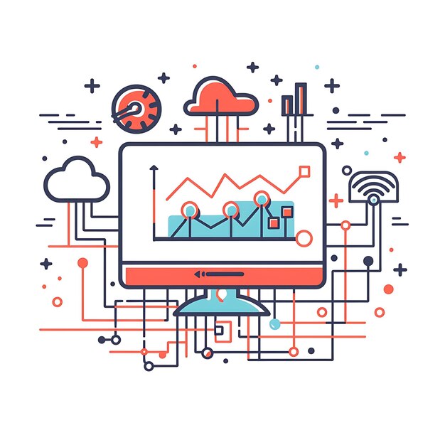 Data processing icon with performance analytics and visual graphs