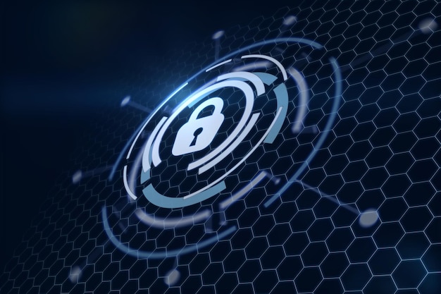 Data protection and security concept with virtual lock sign in glowing circles on abstract polygonal net background