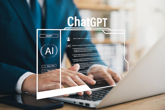 Data search concept using artificial intelligence chatbot ChatGPT young businessman chatting with smart chatbot To find business economic information artificial intelligence developed by OpenAI