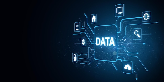 data technology interface with icons and neon lines on dark background 3d rendering
