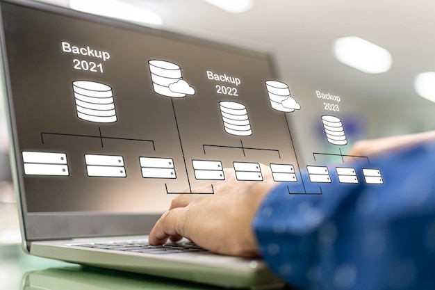 Database administrators backup company and customer data The concept for databases computer DBMS DBA database SQL and banking Software engineering is restoring data to servers blur background