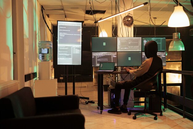 Database password cracking, computer system illegal access, data breach. Cybercrime, criminal hacking online server, developing malicious software, stealing privacy information