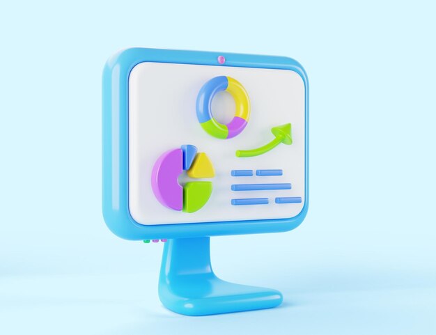 Datormonitorikon med pajdiagram och tillväxtgraf Tecknad 3d-rendering isometrisk infografikdiagram på PC-skärmen Finansiell framgång affärspresentation eller aktiemarknadsprognos