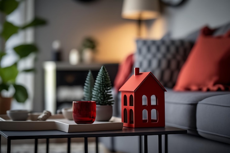 Foto decorative red houseshaped accent on coffee table in modern living room cozy atmosphere