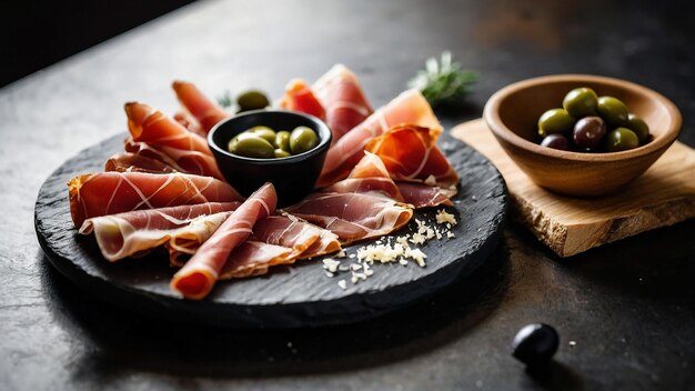 Delicious antipasti appetizers set collection vine grapes jamon cheese sandwiches Generative AI