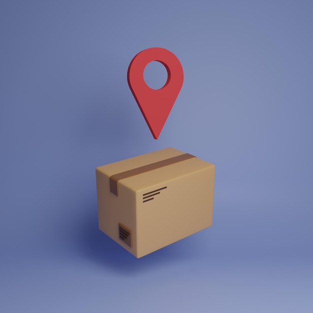 Delivery carton box 3d illustration on a blue background with red map point