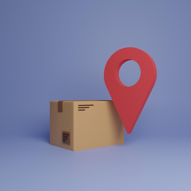 Delivery carton box 3d illustration on a blue background with red map point